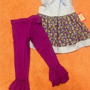 Girls Purple Ruffle Leggings & Floral Top Matching Set